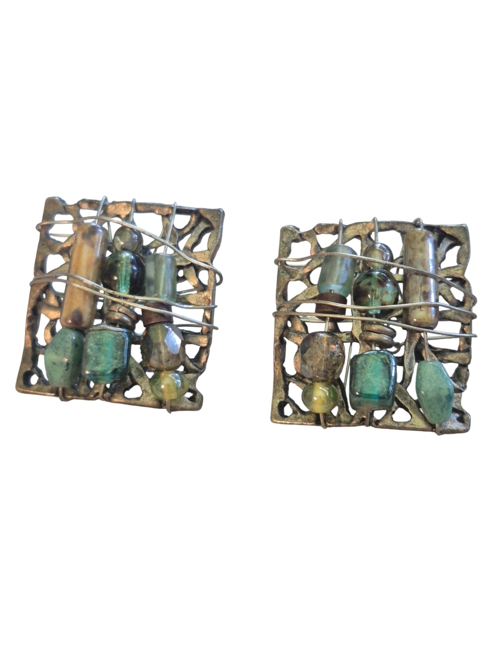 Handcrafted Green Teal Bead Artisan Wire Wrapped Post Earrings